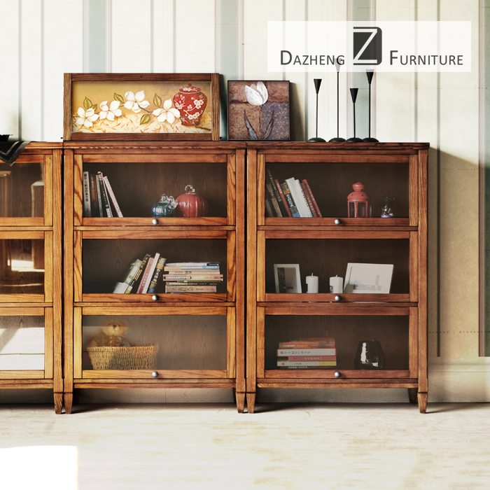 大正家具水曲柳实木简约美式带柜门书柜二三四五层书橱储物书架